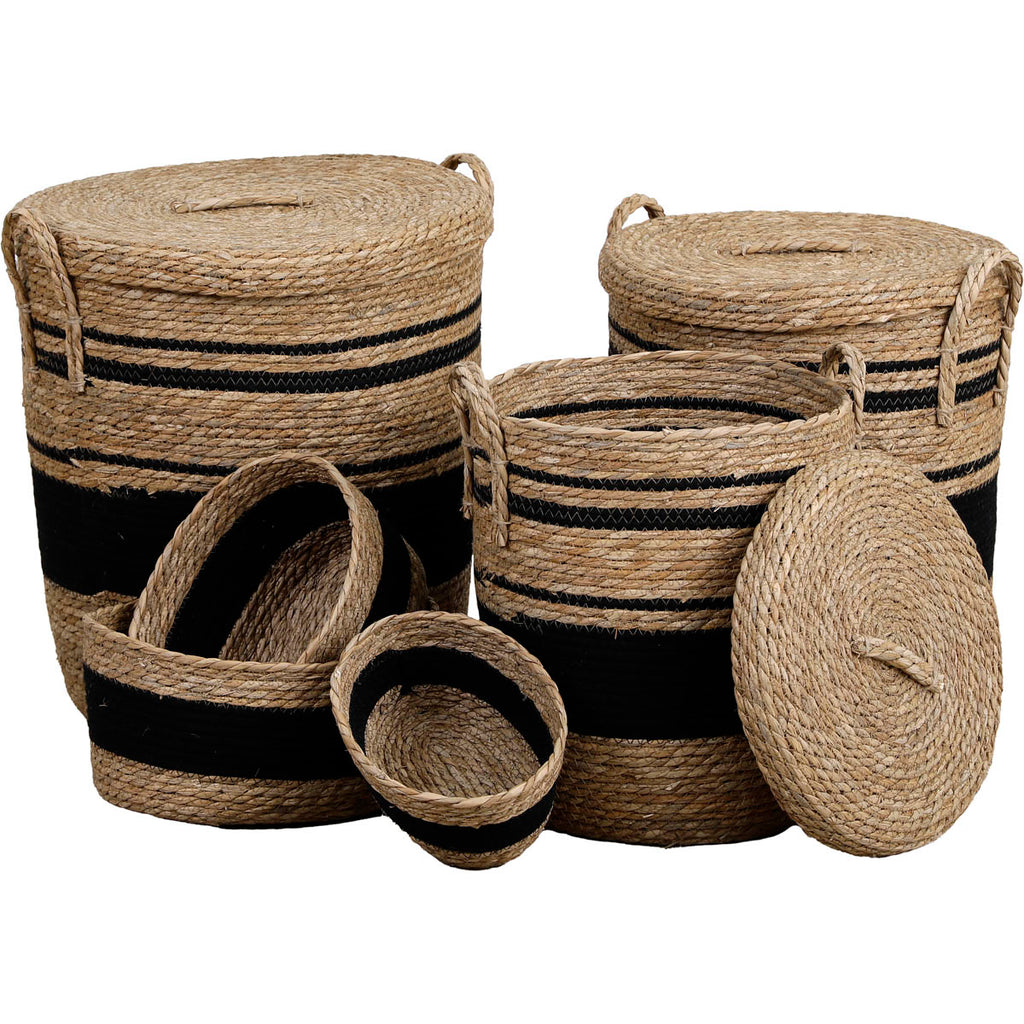 Straw And Cotton Storage Baskets - Natural/Black - Various Sizes