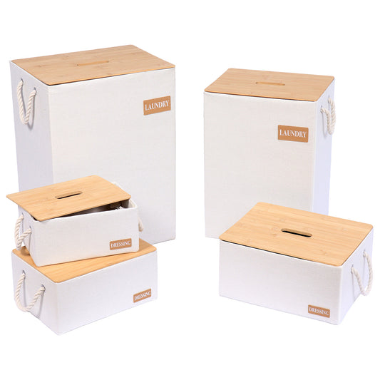 Polyester/Carboard Rectangular Baskets With Bamboo Lid, White - Various Sizes