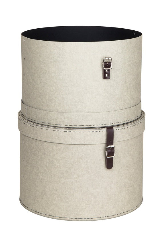 Set of 2 Storage Boxes - Round Storage Box with Leather Straps - Large and Small Hat Box-Linen - The Organised Store