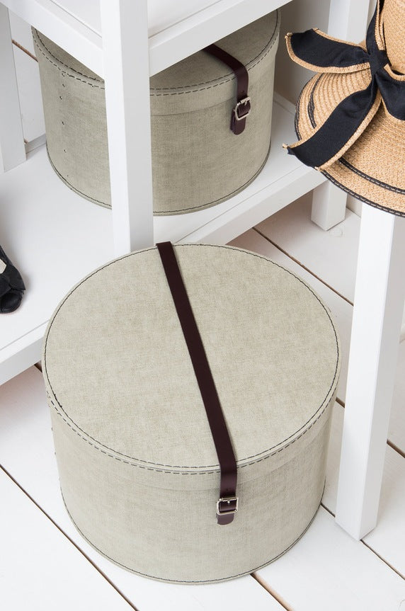 Set of 2 Storage Boxes - Round Storage Box with Leather Straps - Large and Small Hat Box-Linen - The Organised Store