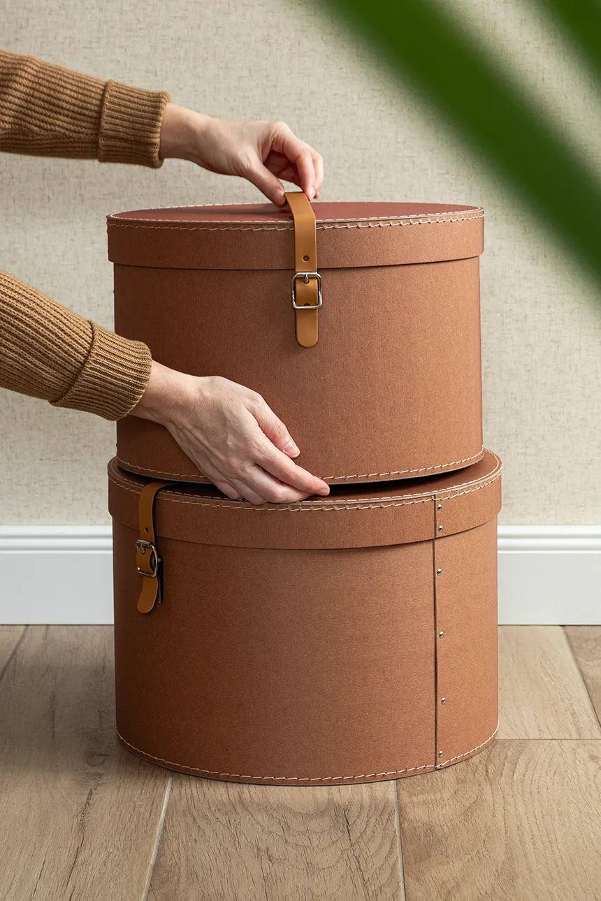 Round Storage Boxs with Strap- Set of 2- Sienne - The Organised Store