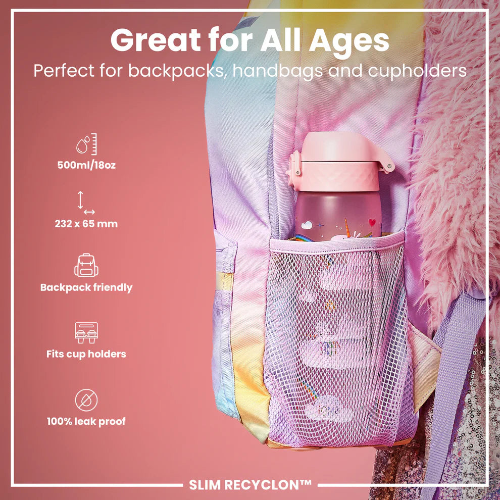 Ion8 Slim Water Bottle Unicorns Rainbows -Rose-500ml
