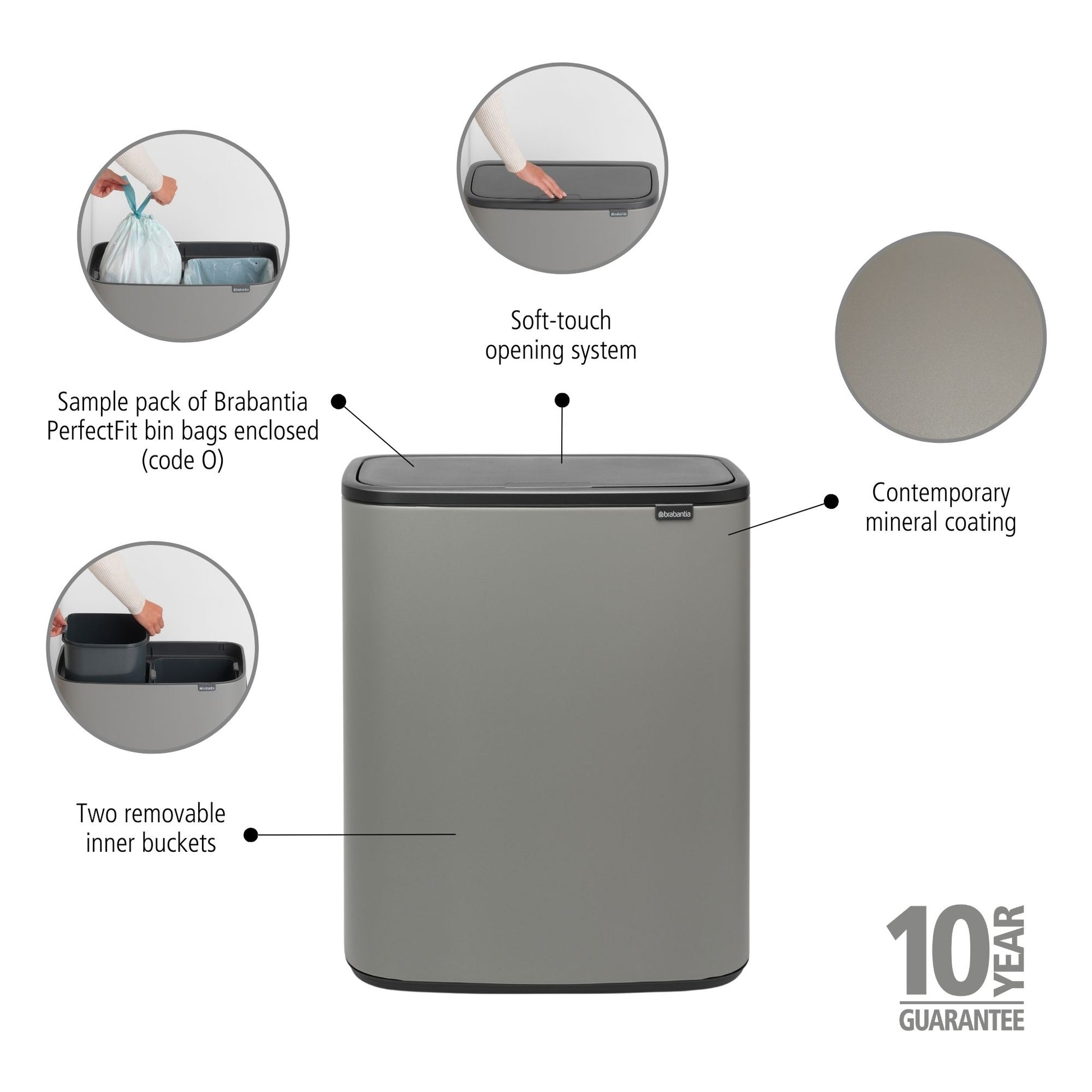 Bo Touch Bin 2 x 30L- Mineral Concrete Grey - The Organised Store