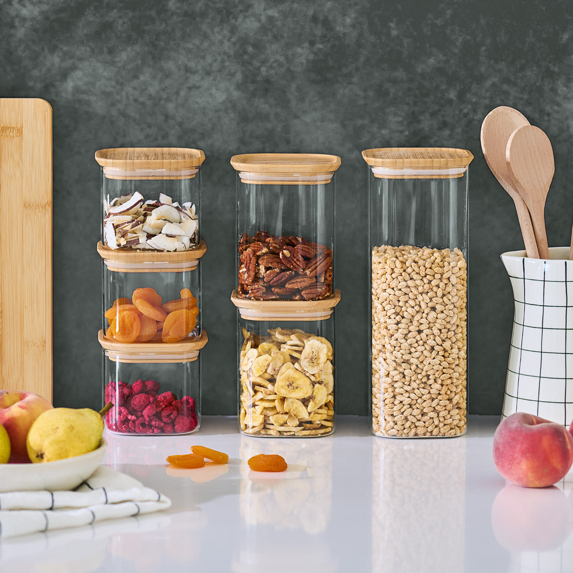 Glass & Bamboo Storage Jars- Set of 6- Stackable - The Organised Store
