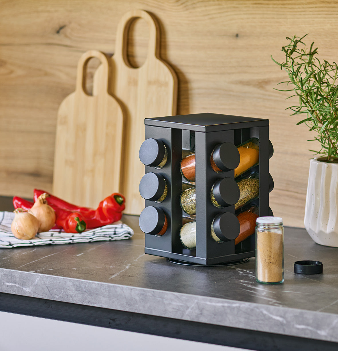 Black Steel Spice Rack with 12 Shaker Jars