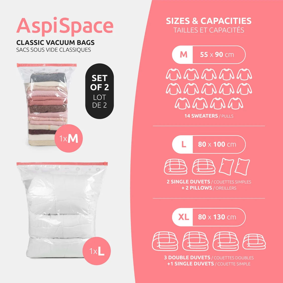 Set of 2 Aspispace Vacuum Storage Bags- Medium & Large