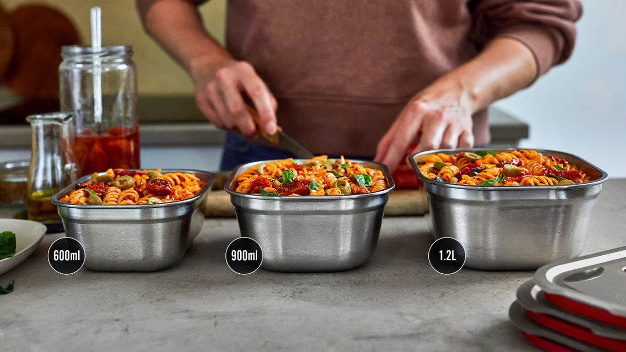 B+B Steel Lunch Box - Grey/Red - Various Sizes