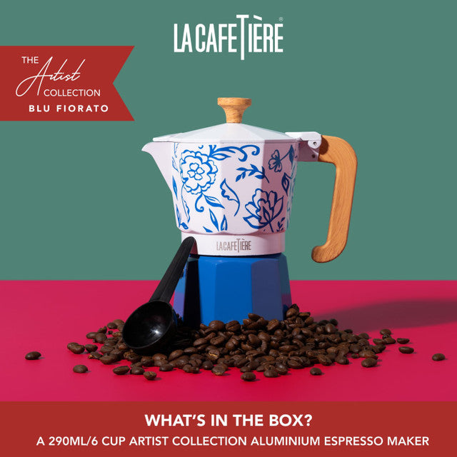 La Cafetière Venice 6 Cup Espresso Maker, Aluminium, 290ml, Blu Fiorato