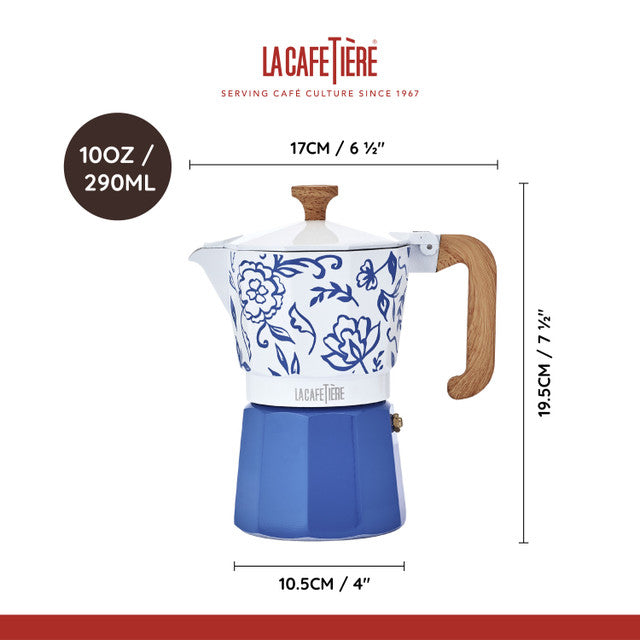 La Cafetière Venice 6 Cup Espresso Maker, Aluminium, 290ml, Blu Fiorato