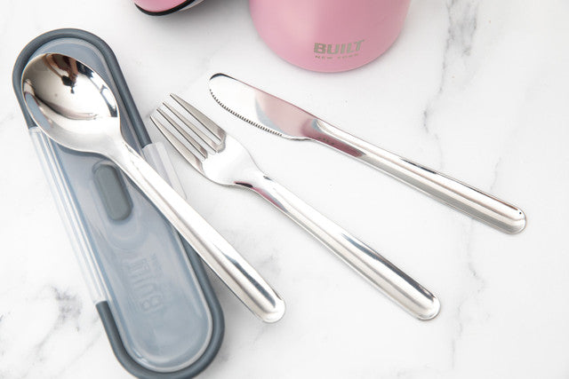 BUILT Travel Cutlery Set in Case, 18/8 Stainless Steel Spoon, Knife and Fork, 20 x 6 x 3cm
