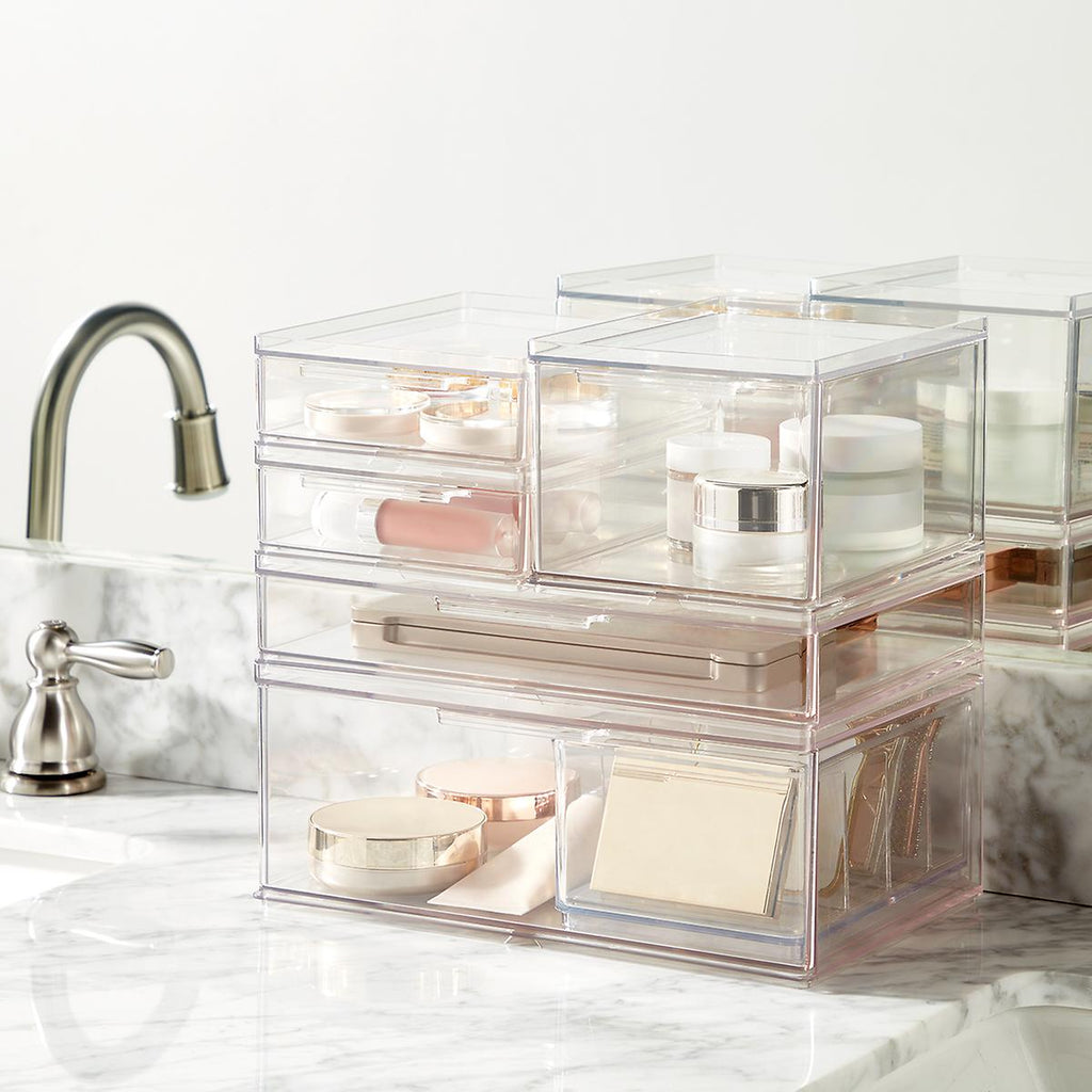 STORi Audrey Stackable Clear Plastic Organizer Drawers, 2 Piece Set, 4.5-Inches Tall, Organize Cosmetics and Beauty Supplies on a Vanity