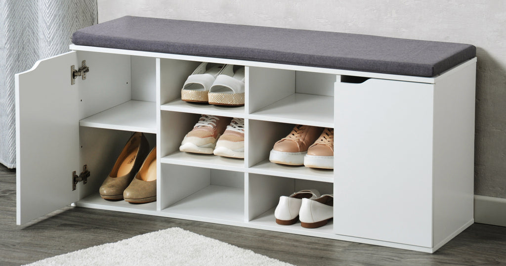 Shoe Cupboard with Seat Cushion - White/Grey