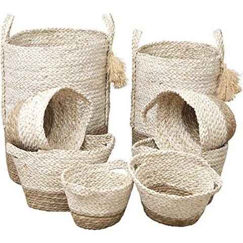 Cotton & Jute Basket with Jute Pompoms - Natural/White - Various Sizes