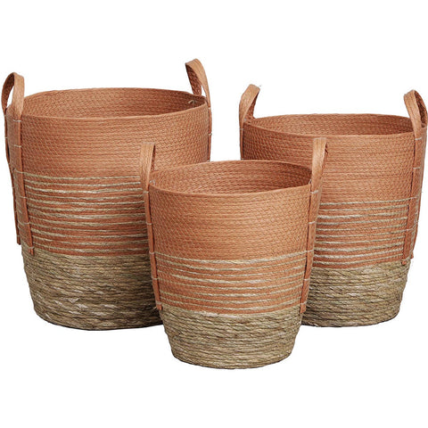 Set of 3 Round Cotton/Seagrass Baskets - Black/Natural