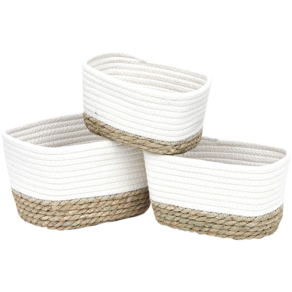 Set of 3 Rectangular Cotton/Seagrass Baskets - White/Natural
