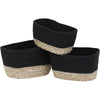Set of 3 Rectangular Cotton/Seagrass Baskets - Black/Natural