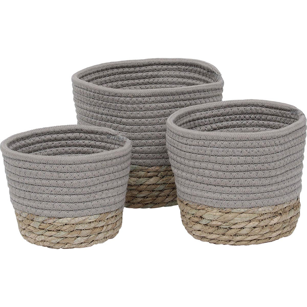 Set of 3 Round Cotton/Seagrass Baskets - Light Grey/Natural