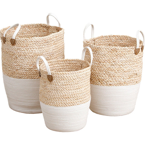 Cotton & Jute Basket with Jute Pompoms - Natural/White - Various Sizes