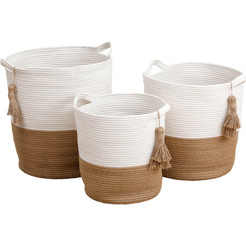 Cotton & Jute Basket with Jute Pompoms - Natural/White - Various Sizes