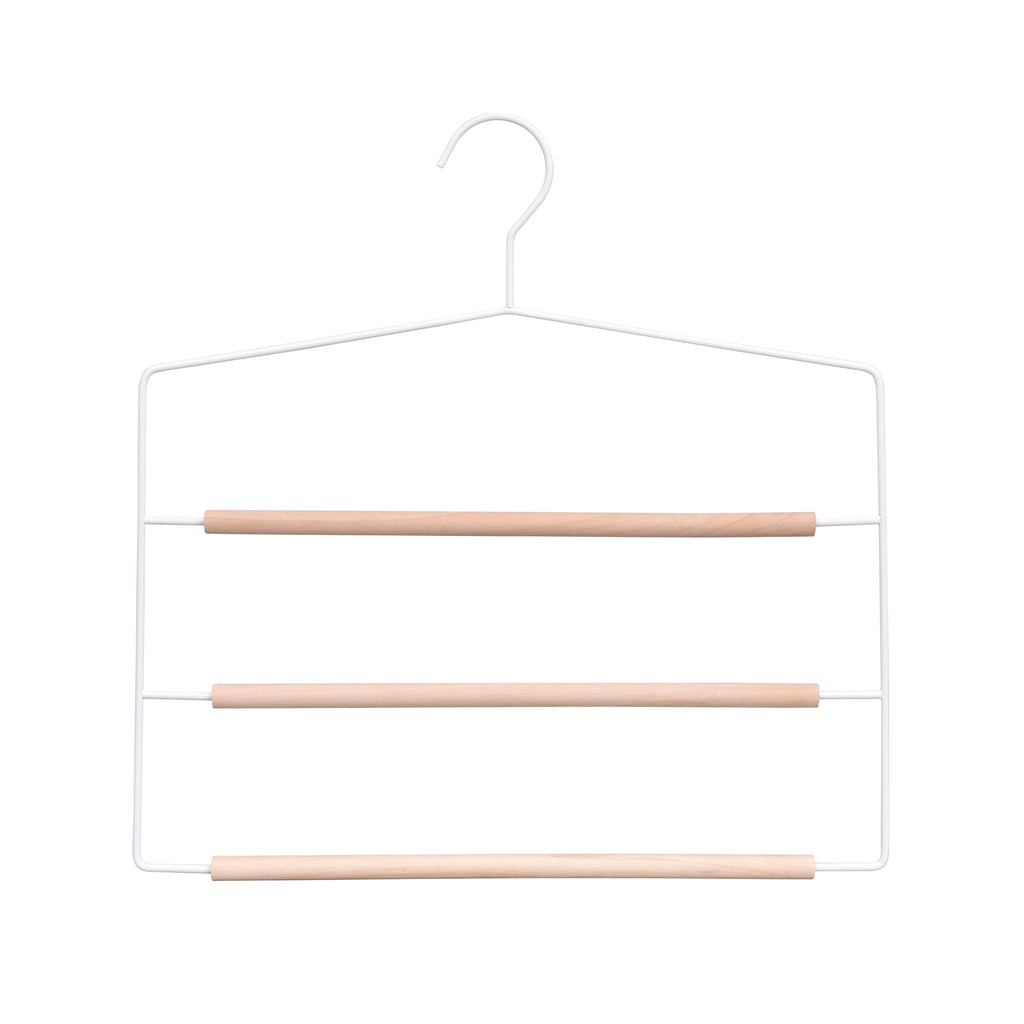 Wooden and white metal trousers hanger with 3 bars