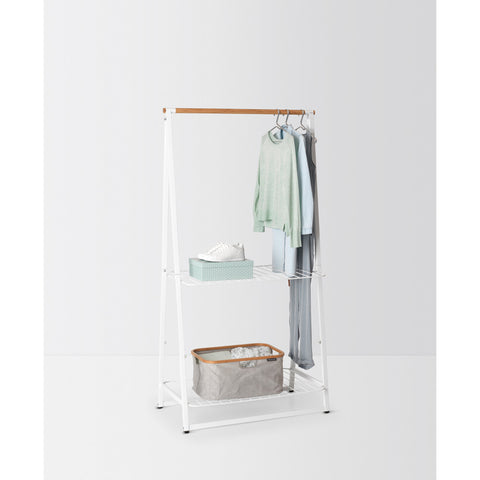 Bamboo Clothes Rack with Rail on Wheels & 2 shelves