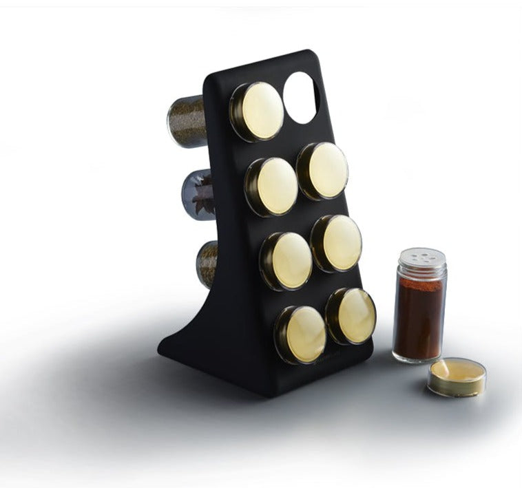 Eight Jar Spice Rack- Brass Finish Lids