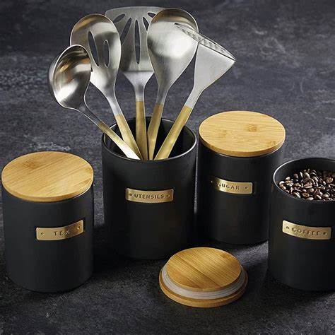 MasterClass Stoneware and Brass Effect Sugar Container with Airtight Bamboo Lid