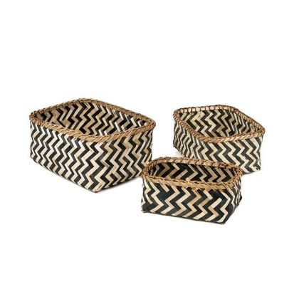 Set of 3 Round Cotton/Seagrass Baskets - Black/Natural